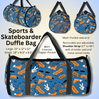 Sports Items Design, Orange White on Blue Duffle Bag