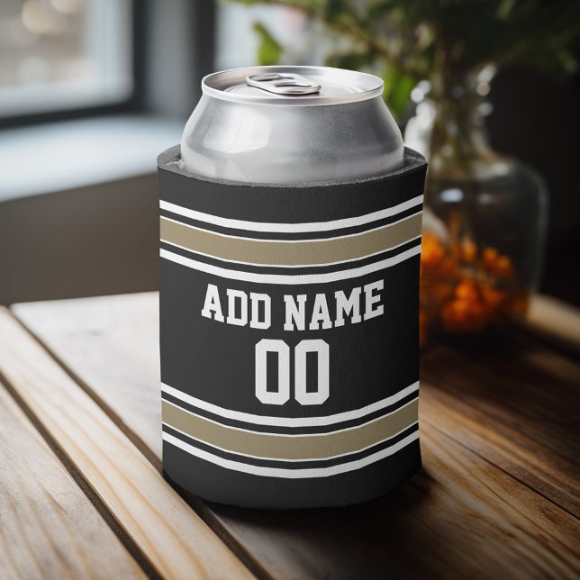 Sports Jersey Black and Gold Stripes Name Number Can Cooler (Personalized Can Cooler - add a name and custom text to this sports jersey design)
