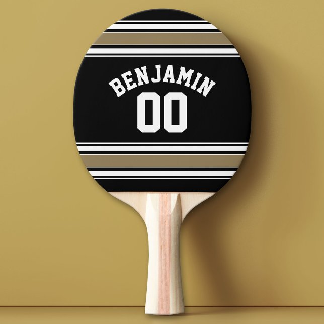 Sports Jersey Black and Gold Stripes Name Number Ping Pong Paddle (Custom Ping Pong Paddle with a Sports Theme)