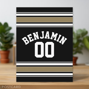 Sports Jersey Black and Gold Stripes Name Number Postcard
