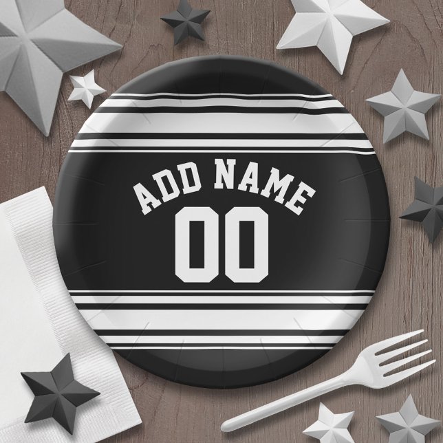 Sports Jersey Black and White Stripes Name Number Paper Plate (Personalized party plates - sports theme for birthday or any occasion)