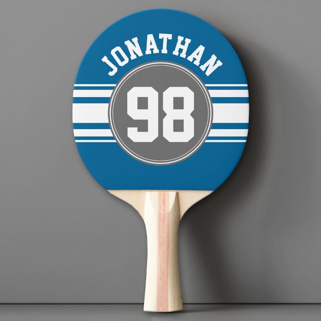 Sports Jersey Blue and Grey Stripes Name Number Ping Pong Paddle (Custom Ping Pong Paddle - Team or College colors Sports Jersey)