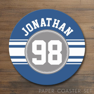 Sports Jersey Blue and Grey Stripes Name Number Round Paper Coaster