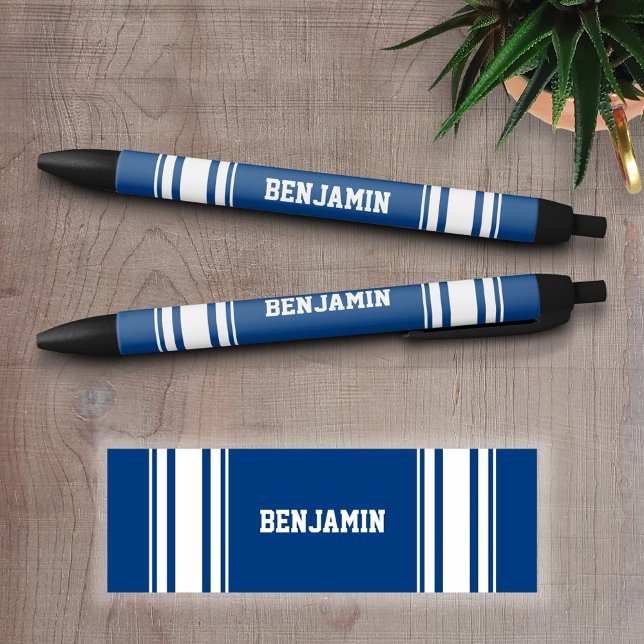 Sports Jersey Blue and White Stripes Personalised Black Ink Pen (Personalized Writing Pens - add your name, monogram or other text)