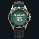 Sports Jersey Inspired Custom Name Number Watch<br><div class="desc">Celebrate a birthday, wedding, anniversary, or other special day with this custom sports jersey inspired stainless steel watch. The name and number sits centered in outline text on a solid background (the forest green, black, and white can be changed to the colors of your choice). This watch is ideal for...</div>