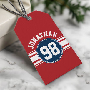 Sports Jersey Navy Blue & Red Stripes Name Number Gift Tags
