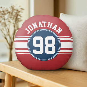 Sports Jersey Navy Blue & Red Stripes Name Number Round Cushion