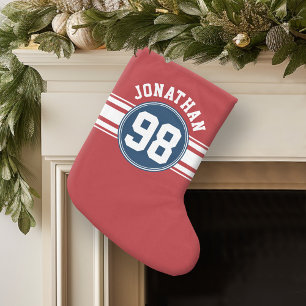 Sports Jersey Navy Blue & Red Stripes Name Number Small Christmas Stocking