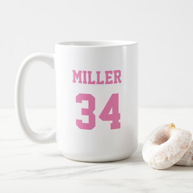 Sports Jersey Pink Custom Name and Number Coffee Mug (With Donut)