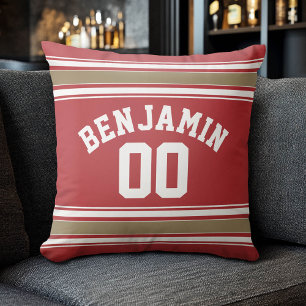 Sports Jersey Red and Gold Stripes Name Number Cushion