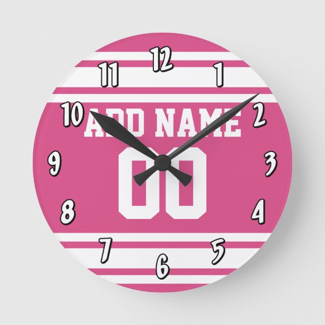 Sports Jersey with Name and Number - Pink White Round Clock (Front)