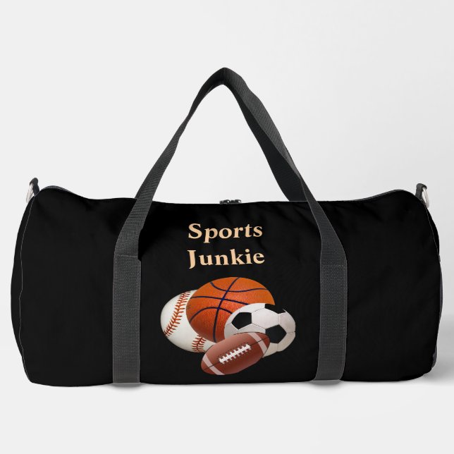 Sports Junkie Black Baseball Basketball Soccer  Duffle Bag (Front)