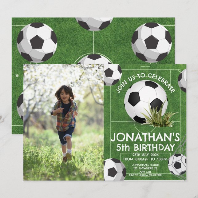 Sports Kids Soccer Birthday Party photo Invitation (Front/Back)