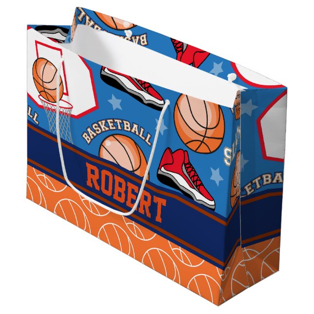 SPORTS Personalise Name Basketball Fan Fun Pattern Large Gift Bag (Front Angled)