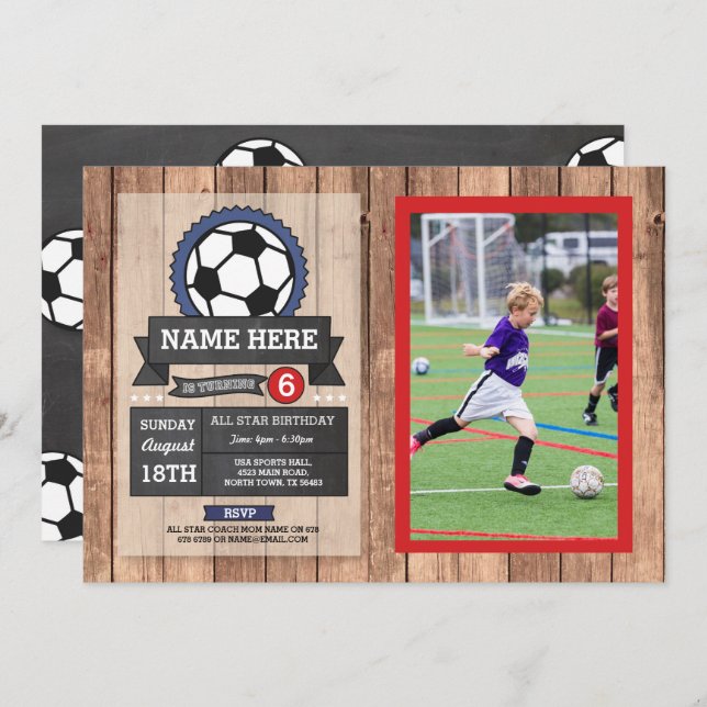 Sports Photo Soccer Football Photo Star Birthday Invitation (Front/Back)
