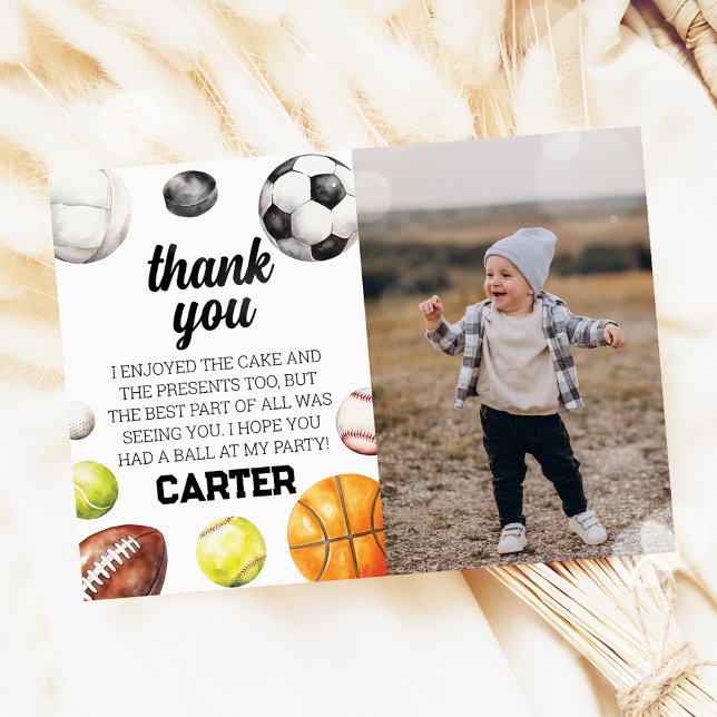 Sports Rookie Year Boy 1st Birthday Photo Thank You Card (Creator Uploaded)