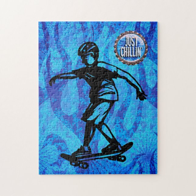 Sports Skateboarding Boy Blue Flames Just Chillin' Jigsaw Puzzle (Vertical)