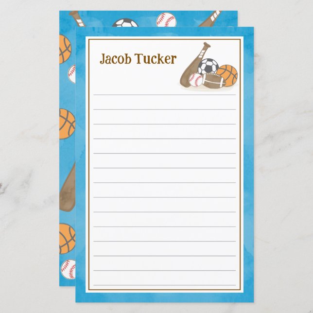 Sports Sky Blue Kids Lined Letter Writing Paper (Front/Back)