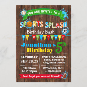 Sports splash birthday summer water party invitation
