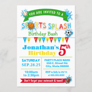 Sports splash birthday summer water party invitation