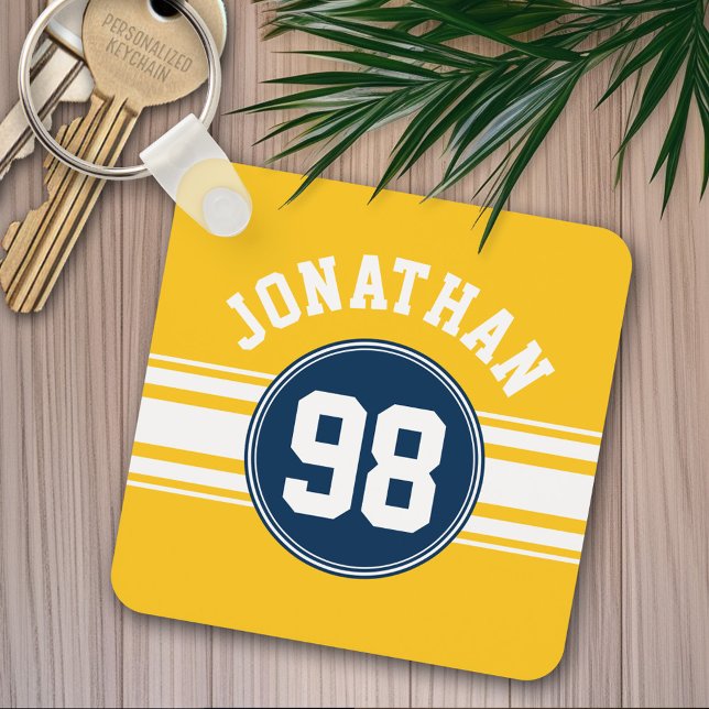 Sports Stripes Navy Blue & Yellow Name Number Key Ring (Personalized keychain - Sports Jersey Theme)