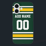 Sports Team Football Jersey Green Name Number iPhone 16 Case<br><div class="desc">Add your favourite name and number -- This olive and gold sports design is perfect for any professional,  college or high school fan. You can even claim these for your Fantasy Football team. Click on the CUSTOMIZE button to make even more changes.</div>