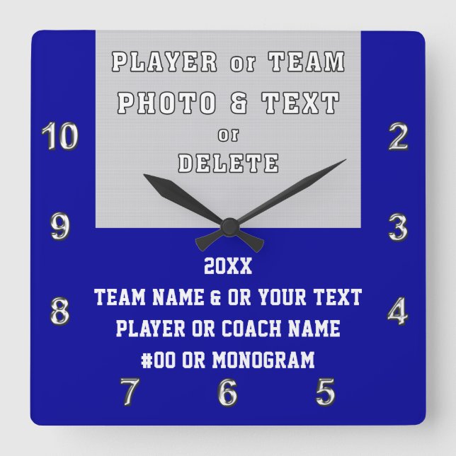 Sports Team Gifts with Your PHOTO, TEXT or Delete Square Wall Clock (Front)