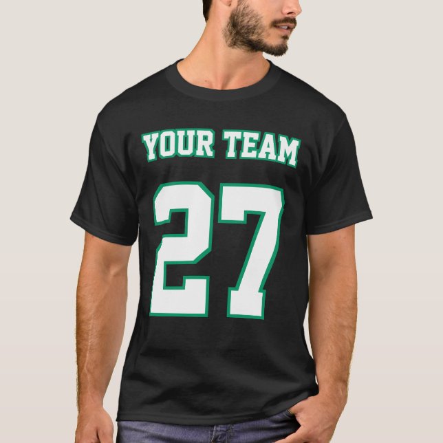 Sports Team Last Name Number Green White Outlines T-Shirt (Front)