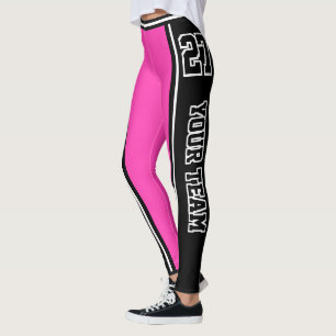 Sports Team Name Number Black Hot Pink Striped Leggings