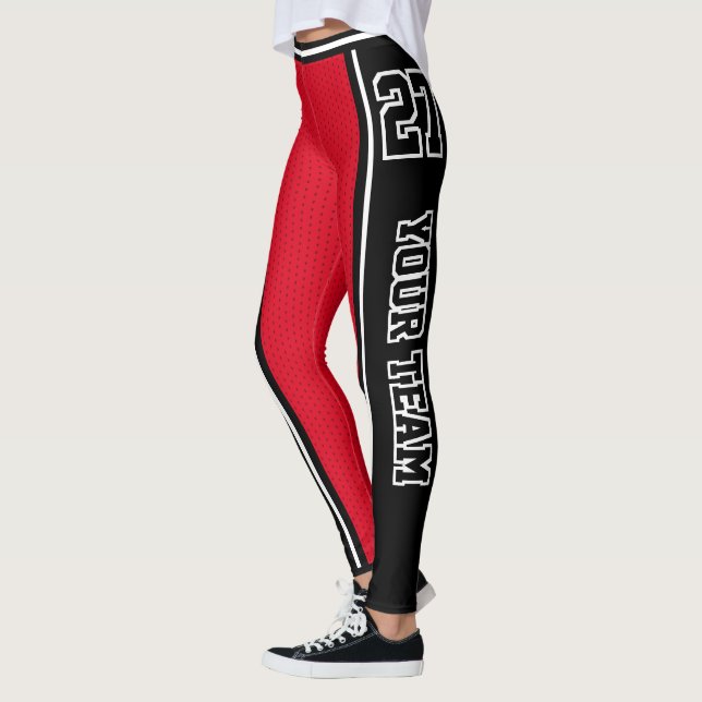Sports Team Name Number Black Red Bold Striped Leggings (Left)
