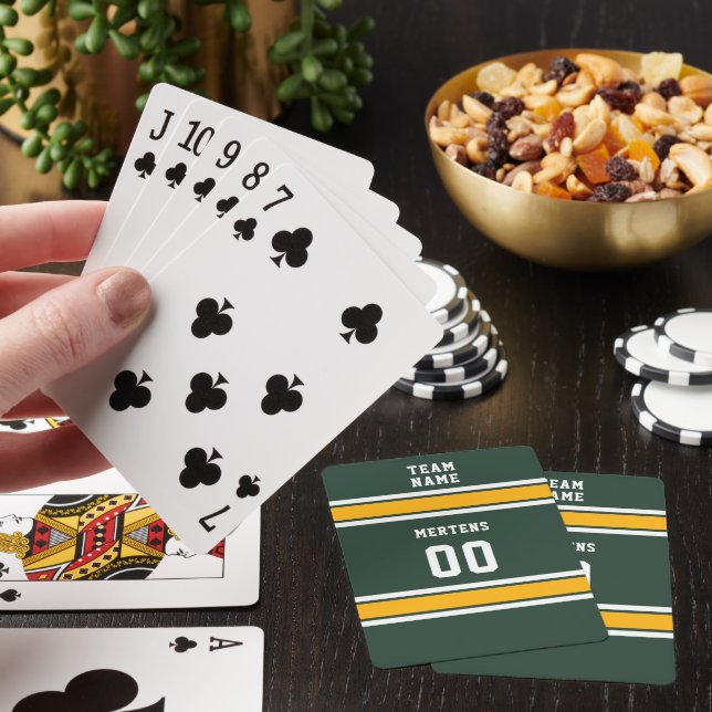 Sports Team Your Name Number Green Gold White Playing Cards (In Situ)
