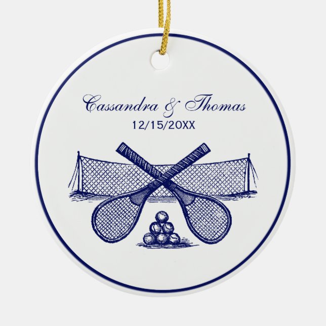 Sports Tennis Net, Crossed Racquets, Balls Blue Ceramic Ornament (Front)