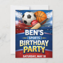 Sports Theme Birthday Invitation Card for Boys