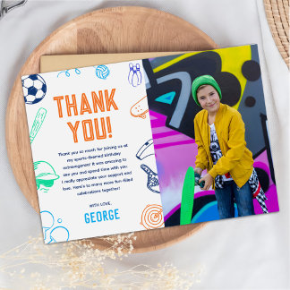 Sports Theme Boys Modern Birthday Party Photo Thank You Card