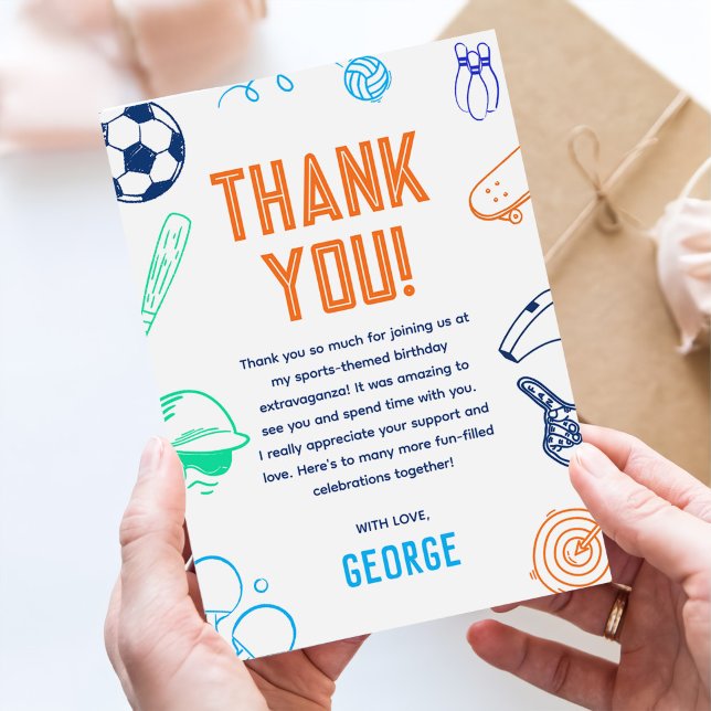 Sports Theme Boys Modern Birthday Party Thank You Card (Creator Uploaded)