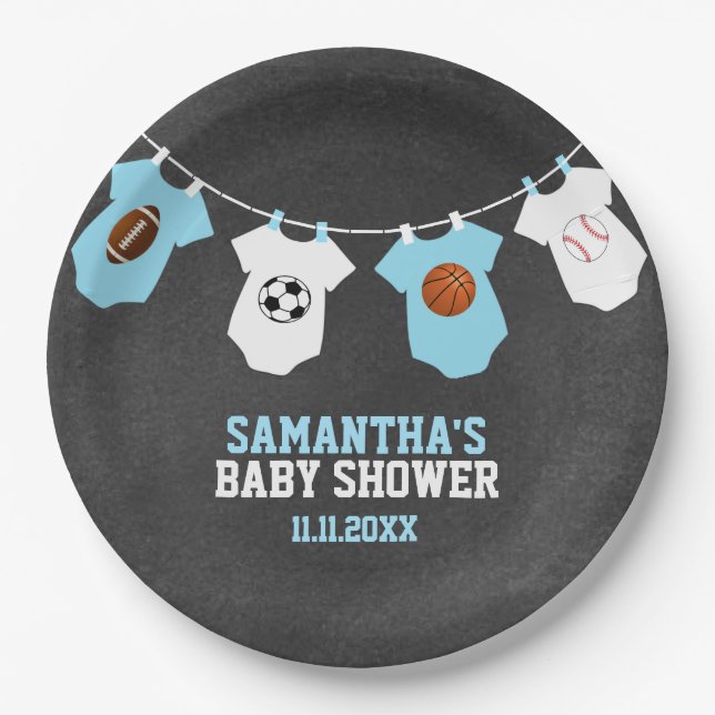 Sports Theme Chalkboard Blue Boy Baby Shower Paper Plate (Front)
