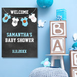 Sports Theme Chalkboard Blue Boy Baby Shower Poster<br><div class="desc">Greet your guests with this sports theme welcome sign.  Perfect for adding on front desk or front door. Editable template welcome sign. Different sizes available. Found in 'SPORTS THEME BABY SHOWER' collection.</div>
