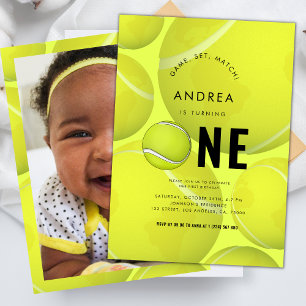 Sports Theme Kid's Photo Tennis 1st Birthday Party Invitation