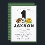 Sports Themed 1st Birthday Party Invitation<br><div class="desc">Put your game face on and celebrate with our sports birthday party invitation. It's perfect for any age (just remove the number) and any sports themed party. Add your custom wording to this design by using the "Edit this design template" boxes on the right hand side of the item, or...</div>