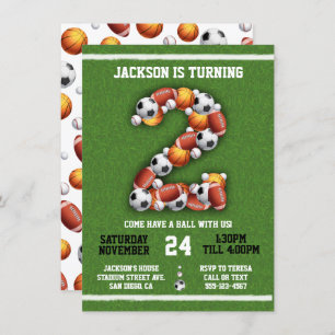 Sports Themed Balls 2nd Birthday Party Invitation
