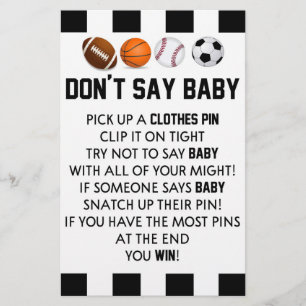 Sports Themed Don't Say Baby Shower Game Stationery