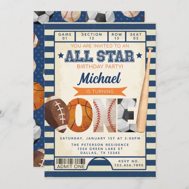 Sports Ticket 1st Birthday Party Invitation (Front/Back)