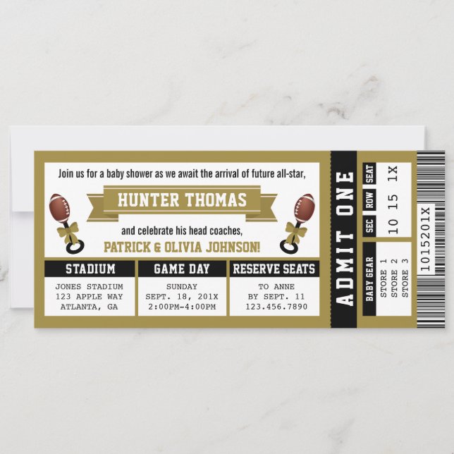 Sports Ticket Baby Shower Invitation, Black, Gold Invitation (Front)