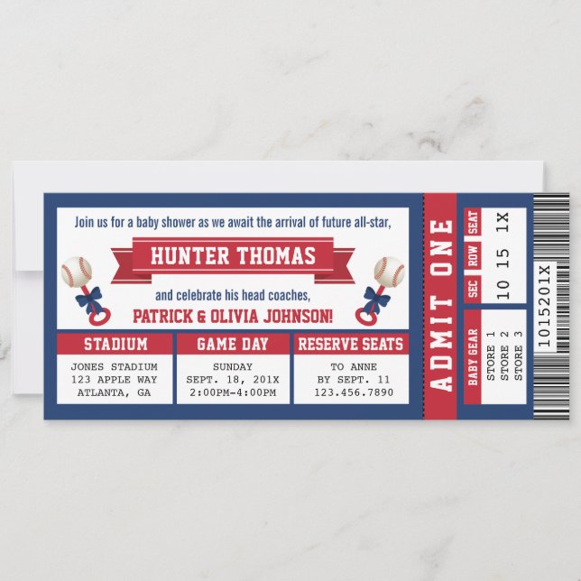 Sports Ticket Baby Shower Invitation, Blue, Red Invitation (Front)