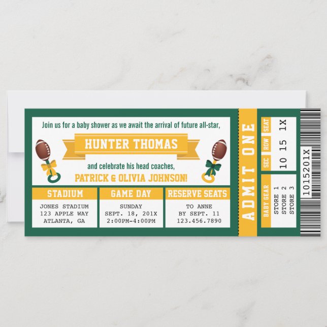 Sports Ticket Baby Shower Invitation, Green, Gold Invitation (Front)