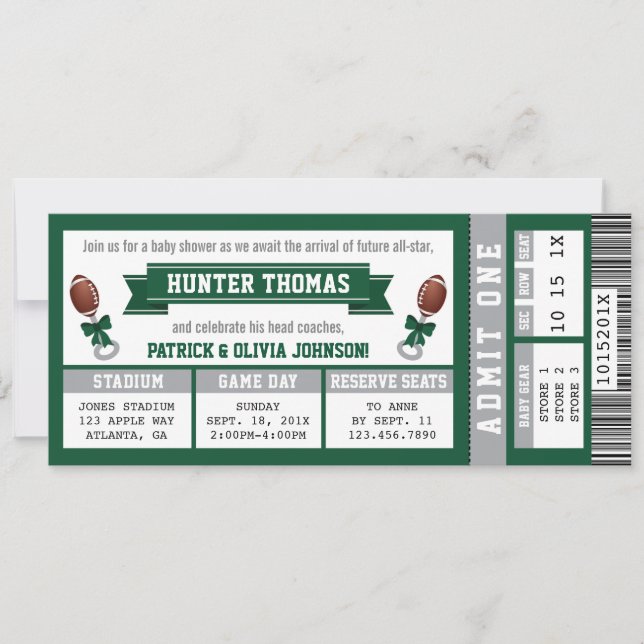 Sports Ticket Baby Shower Invitation, Hunter Green Invitation (Front)