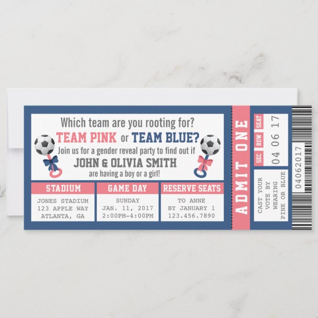 Sports Ticket Gender Reveal Invitation, Soccer Invitation (Front)