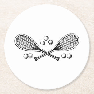Sports Vintage Crossed Tennis Racquet Tennis Balls Round Paper Coaster