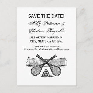 Sports Vintage Tennis Net, Crossed Racquets, Balls Announcement Postcard