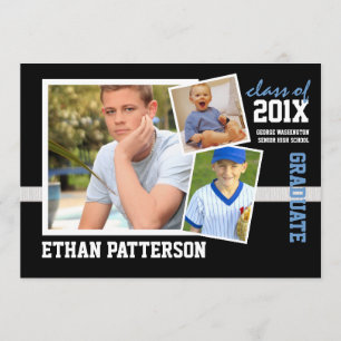 Sporty 3 Photo Graduation Announcement Black Blue